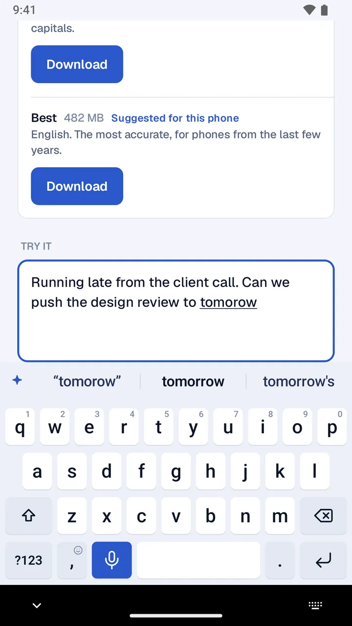 The keyboard in the day theme, with “tomorrow” in bold above the keys to fix “tomorow”