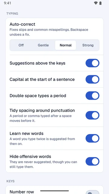 Typing settings, with autocorrect set to Normal
