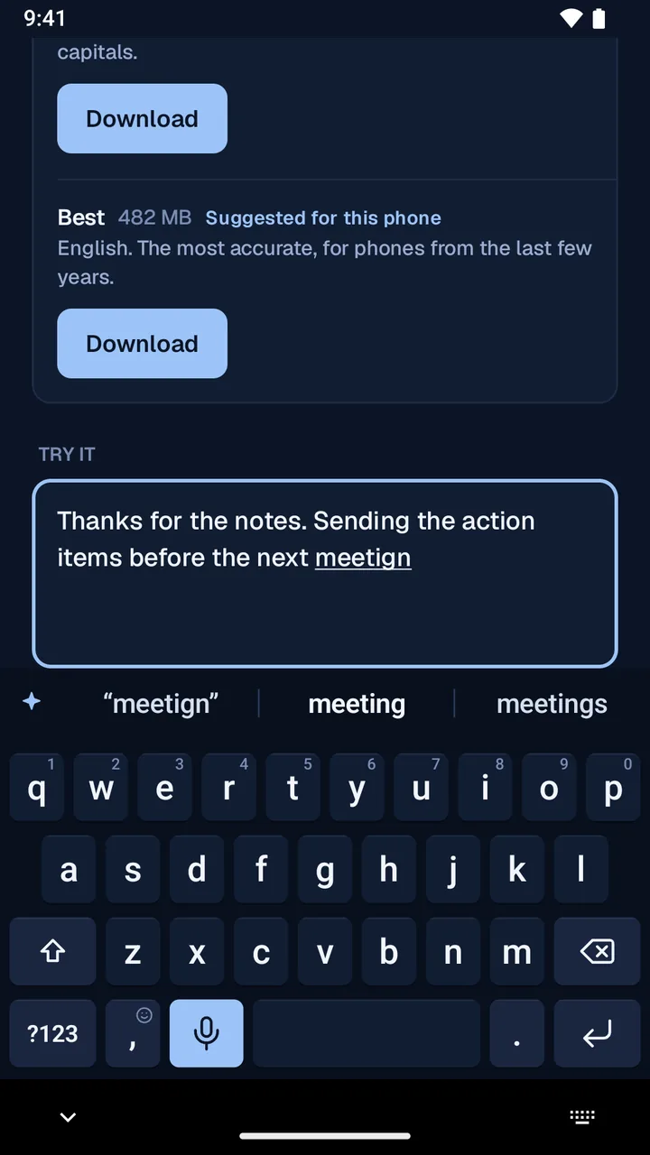 The keyboard in the night theme, with “meeting” in bold above the keys to fix “meetign”