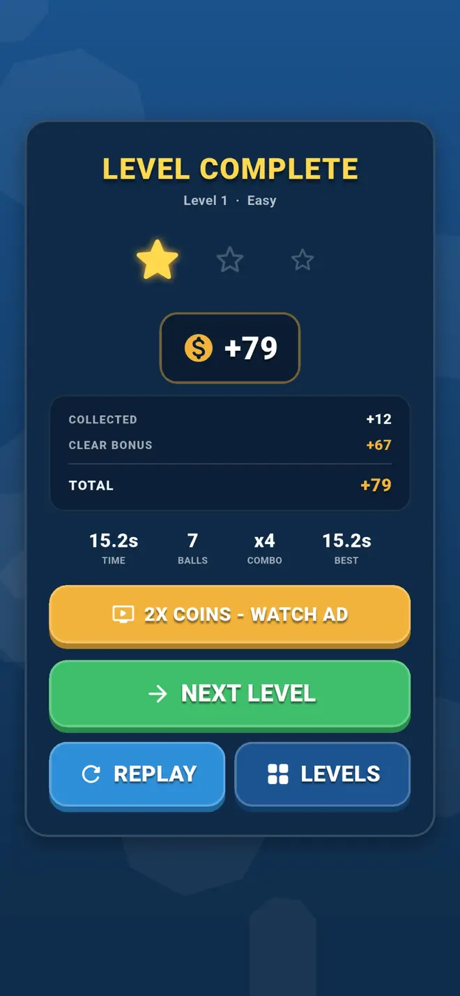 Level Complete with stars and coins