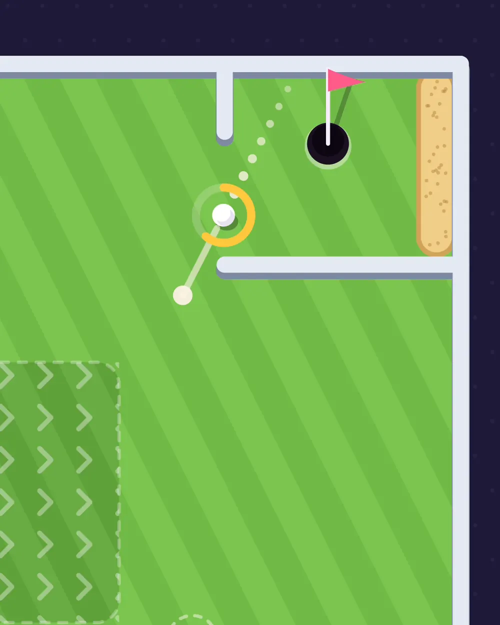 Hole 25 with the ball pulled back: dots run off the top rail to the cup, and a ring round the ball shows the power