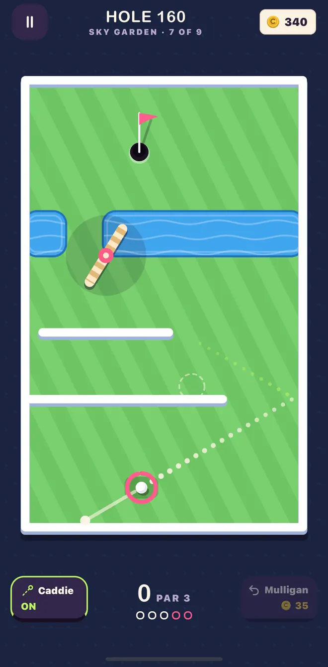 Hole 160 in Sky Garden: a windmill turning over the water between two rails