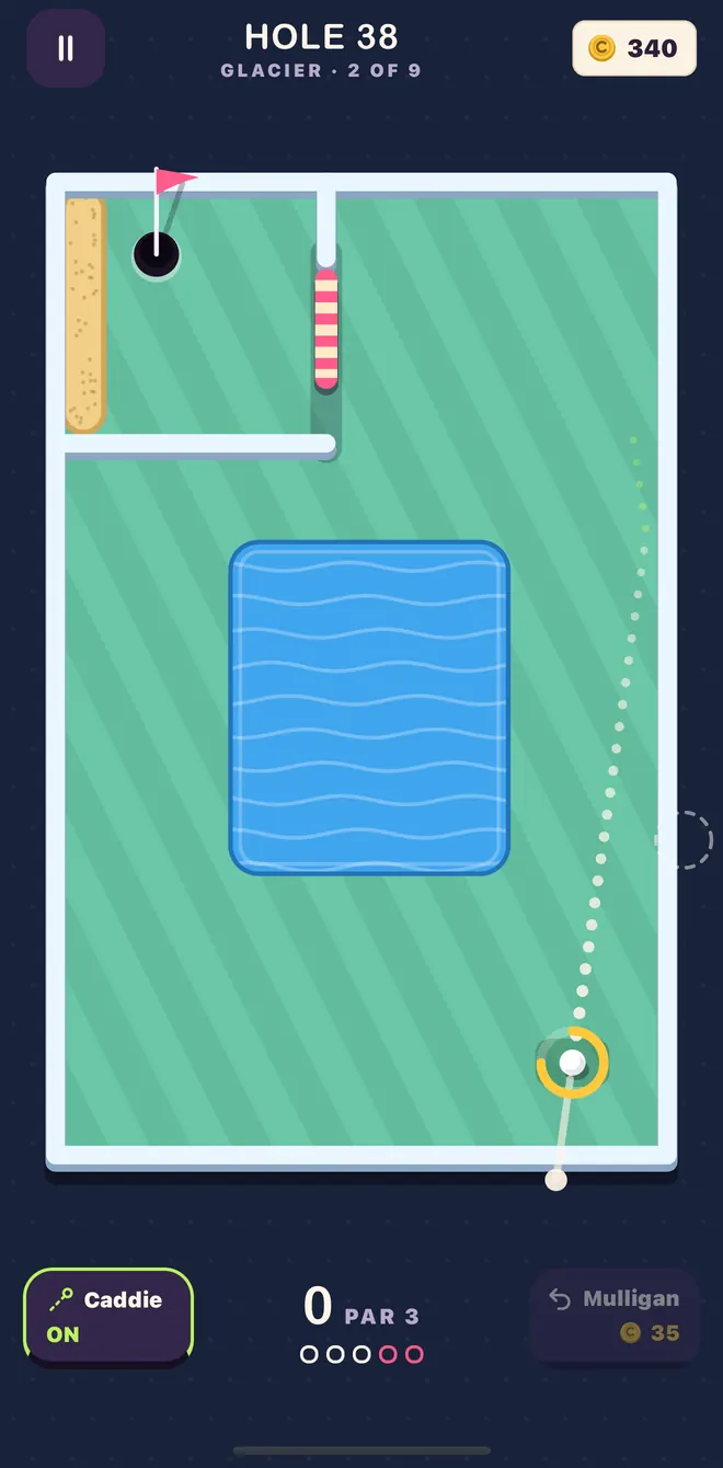 Hole 38 in the Glacier: a pond in the middle of the ice and a sand bank