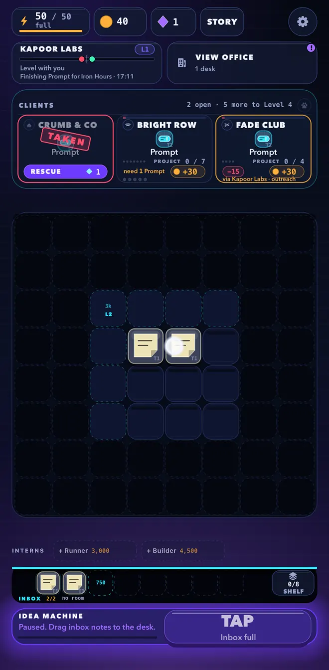 The board: Kapoor Labs level with you, a ticket taken by a rival with Rescue under it, and two Sticky Notes about to merge