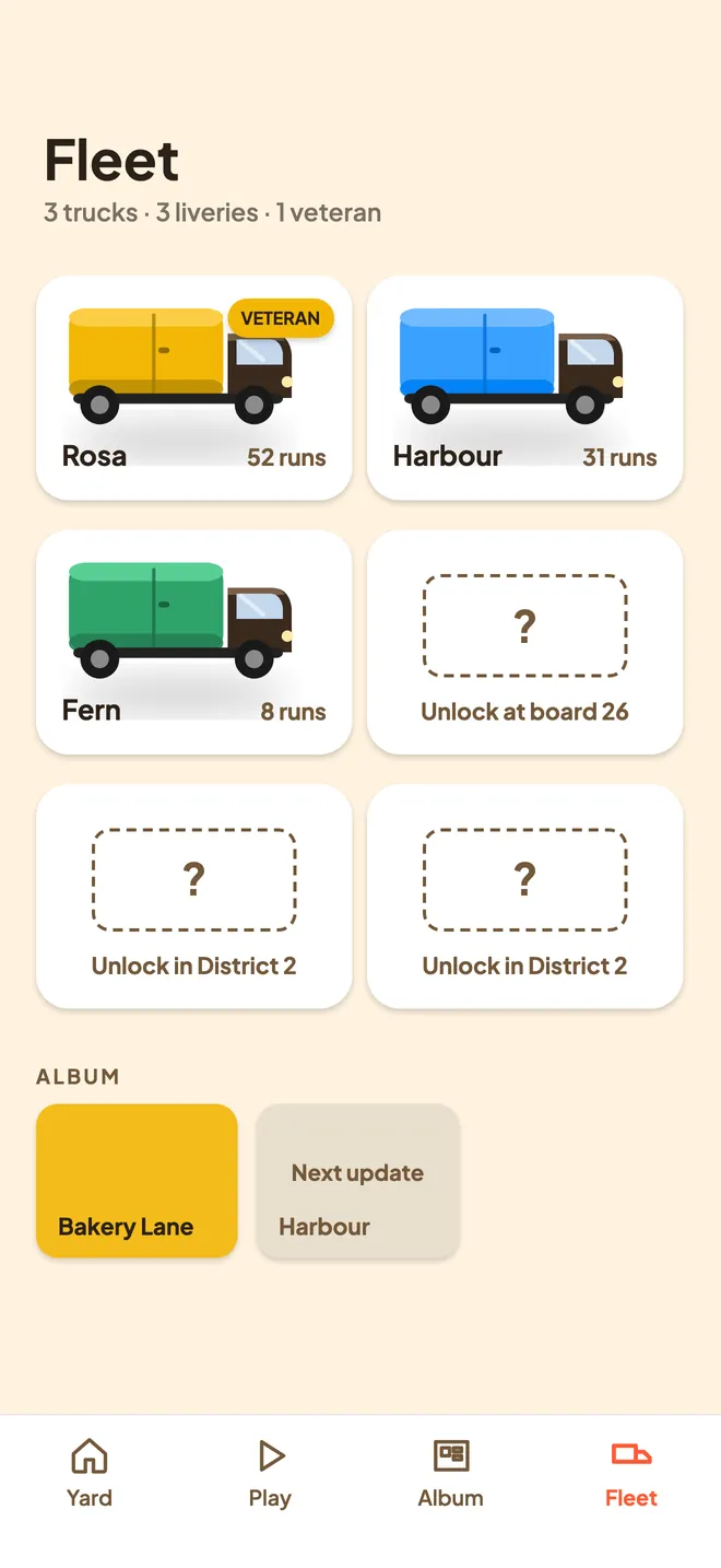 Fleet: the trucks “Rosa”, “Harbour” and “Fern”, and the trucks still to unlock