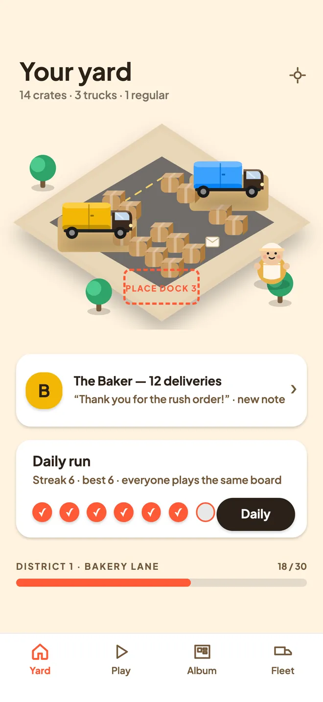 Your yard: crates and trucks on the lot, a note from The Baker, and the Daily run
