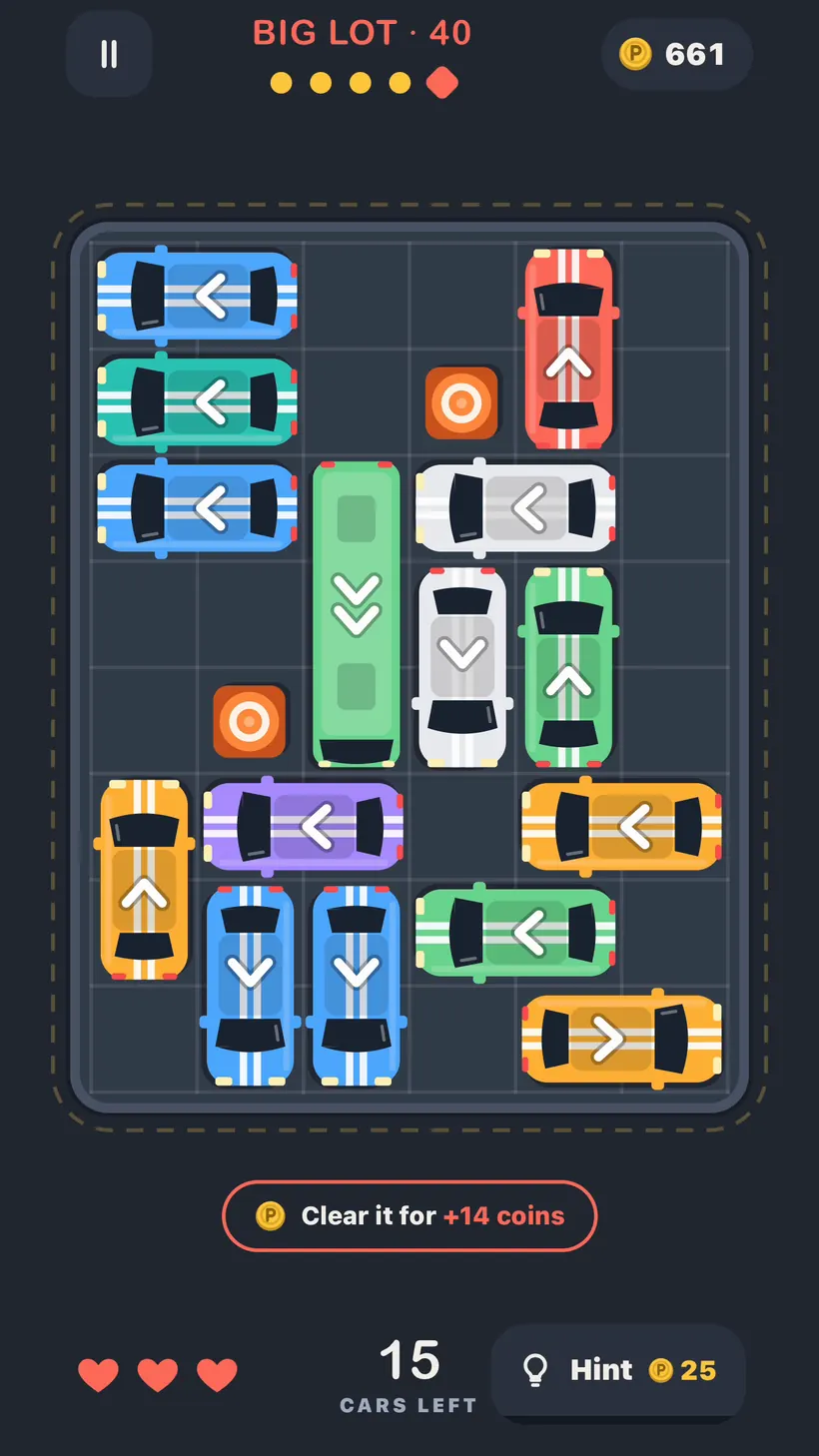 Big Lot 40, 15 cars with a bus and cones, and a coin bonus for clearing it