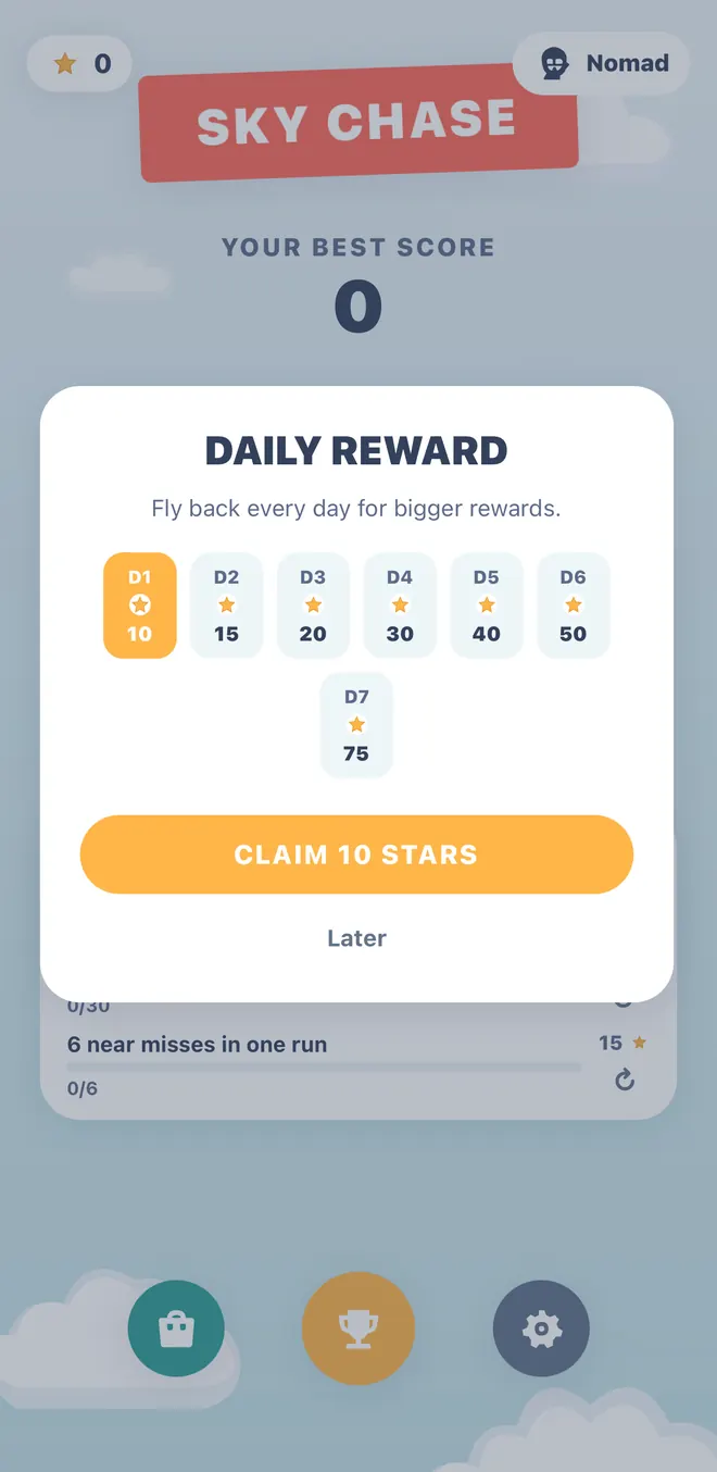 The daily reward card, day 1 of a 7-day streak