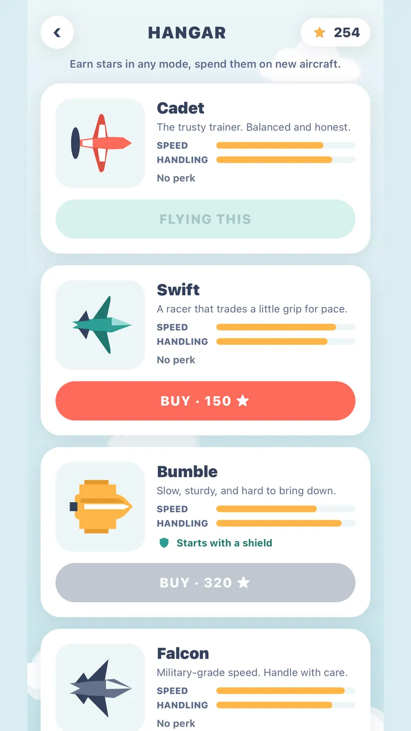 The Hangar: Cadet, Swift and Bumble, each with a speed and handling bar and a star price