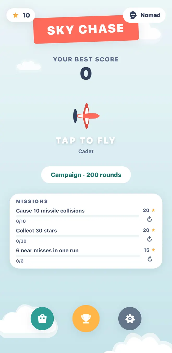 The home screen: best score, TAP TO FLY, Campaign, Missions