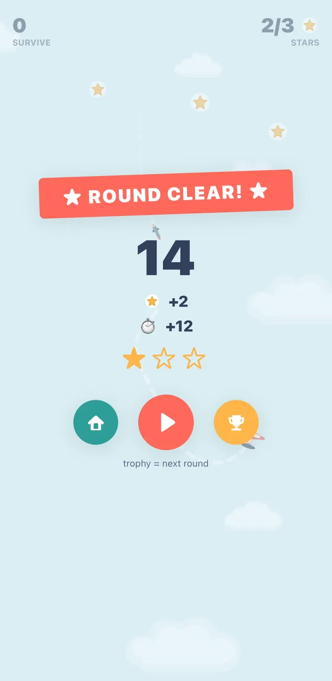 A ROUND CLEAR! card with a one-star rating, 2 of 3 stars collected