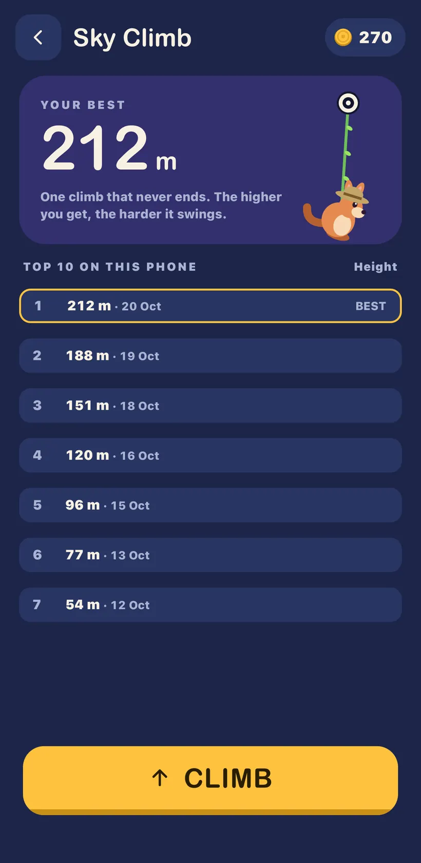 The Sky Climb screen with the best heights on this phone