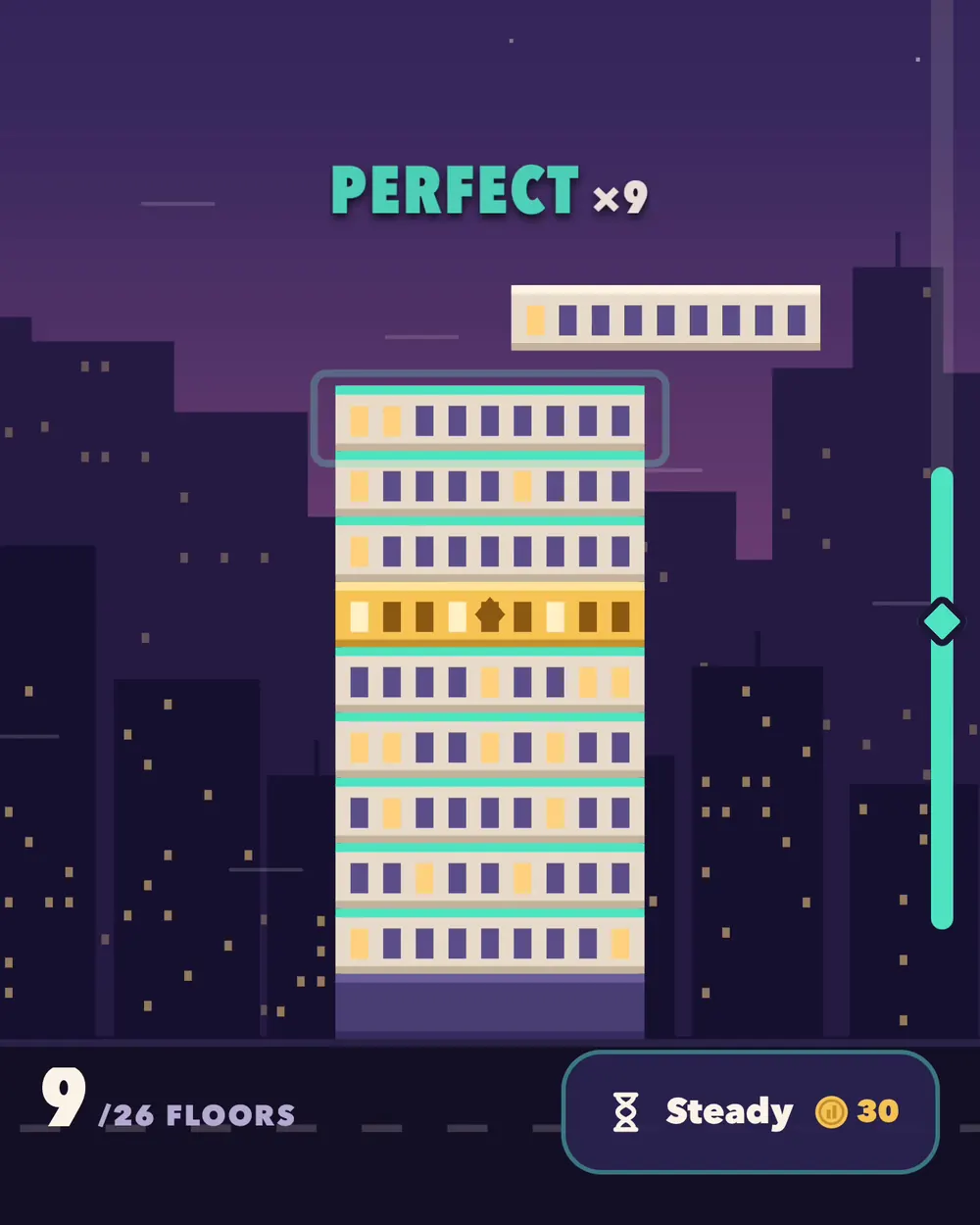 A perfect drop landed flush, with a mint ledge on every floor and a gold keystone floor below