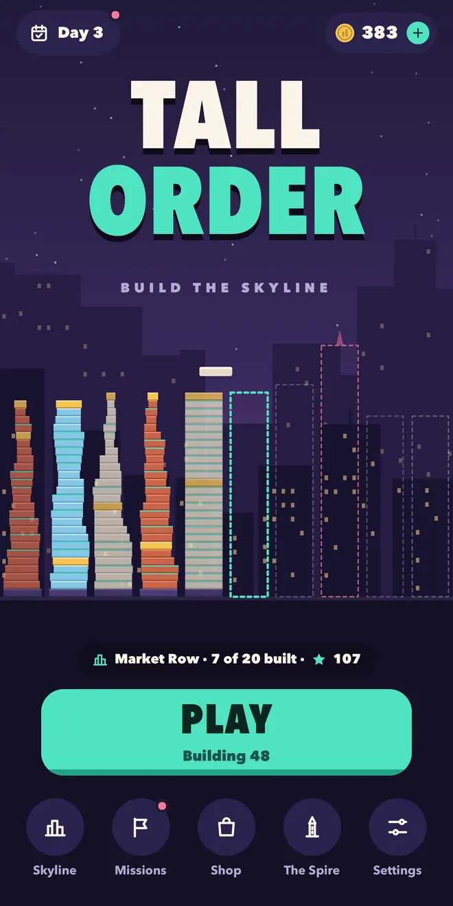 The home screen with the Market Row skyline