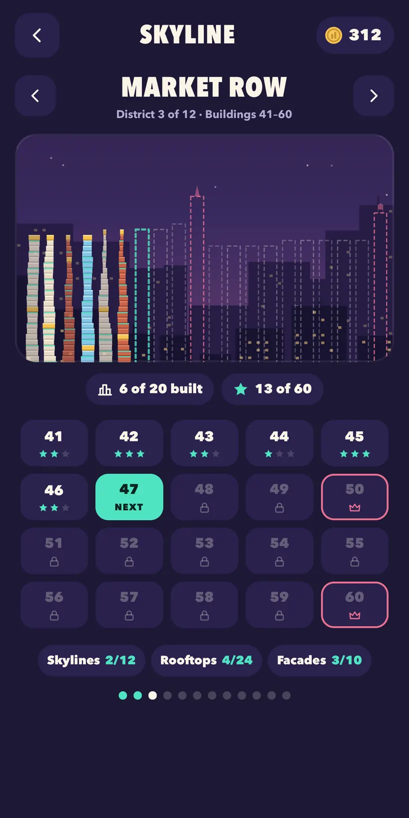 The Skyline screen for Market Row, buildings 41 to 60