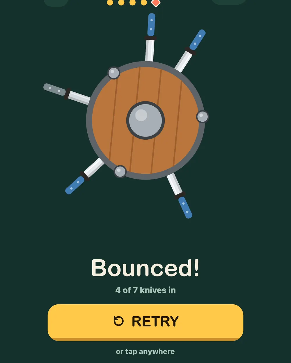 The Bounced! card: 4 of 7 knives in, with a Retry button